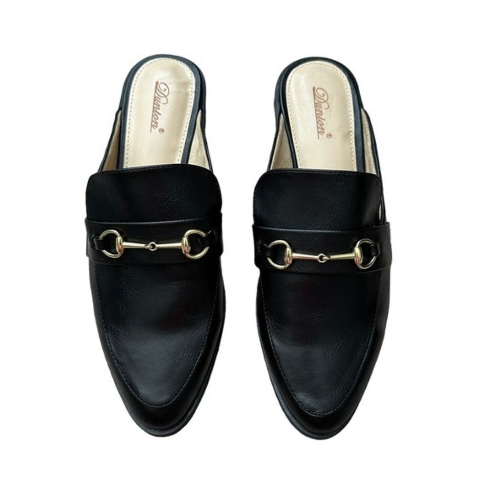 DiMucci Mules Womens Size 8 Black Excellent Faux Leather Gold Bit Loafers
